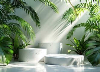 Obraz premium Lush Tropical Podium Mockup for Beauty, Skincare, and Eco-Friendly Products