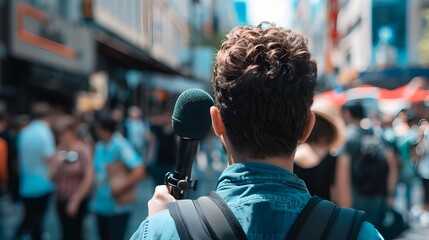 Man with a Microphone in a Crowded Street