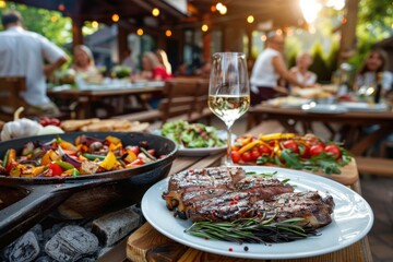 A picturesque scene of outdoor dining, highlighting a table set with grilled vegetables, juicy steaks, and glasses of white wine, capturing a joyous and relaxed gathering.