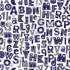 Abstract alphabet seamless pattern. Hand drown illustration of letters and numbers