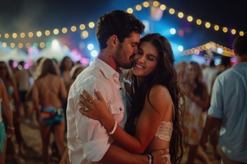 Fototapeta premium A joyful moment featuring a smiling couple at a lively night festival, surrounded by twinkling colorful lights and energetic festive ambiance with a happy crowd.
