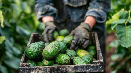 Wooden crate full of avocado fruit with farmer's hand working in plantation farm field