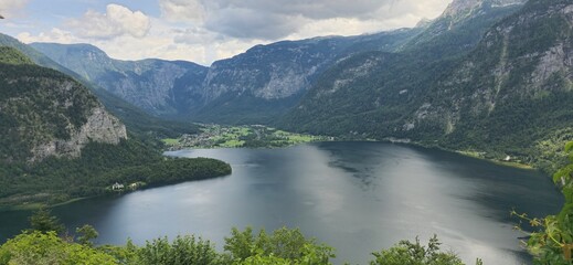 a beautiful lake and mountains from a high view