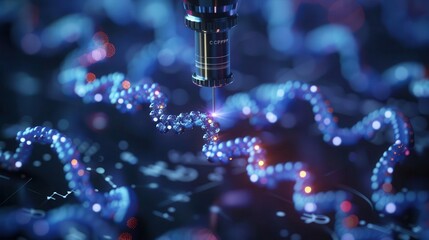 Genetic engineering with CRISPR technology, top view, depicting precise DNA editing, advanced tone, Complementary Color Scheme, copy space for text,