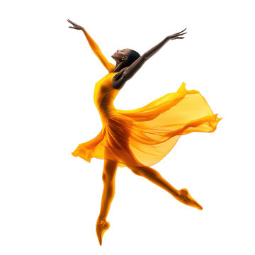 A woman in a yellow dress is dancing in the air