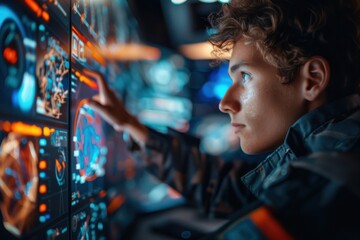 Fototapeta premium This image features a person touching a futuristic digital interface, showcasing data and high-tech graphics, illustrating modern technology use and innovation.