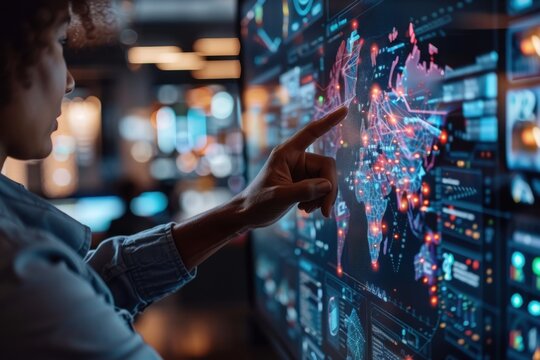 A person interacts with a high-tech touchscreen displaying advanced world data visualizations, highlighting points of interest and geographical information.
