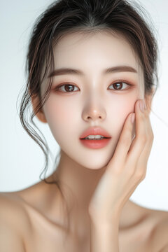 Young beautiful asian women applying skin products. Facials and Skin Care.