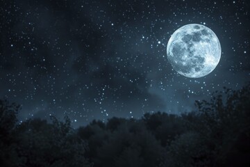 Fototapeta premium Craft a magical and mesmerizing landscape filled with full moon dreams, emphasizing the moon's radiance, twinkling stars, and an atmosphere of awe and inspiration.