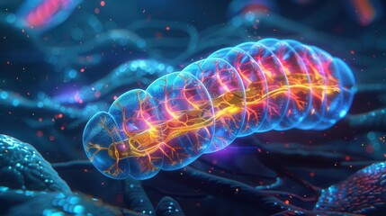 Obraz premium Mitochondria with cristae structure, side view, depicting the site of cellular respiration, futuristic tone, Complementary Color Scheme, copy space for text,