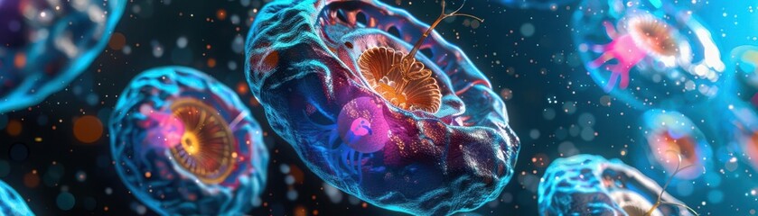 Fototapeta premium Organelles performing cellular functions, microscopic view, illustrating the coordination within the cell, digital tone, Triadic Color Scheme, copy space for text,