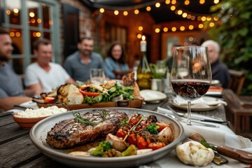 People enjoying an elegant outdoor dinner with festive lights, sharing a meal and laughter, creating memorable moments in a beautiful, serene, and welcoming setting.
