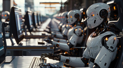 Fototapeta premium Identical AI Robots Working in High-Tech Office