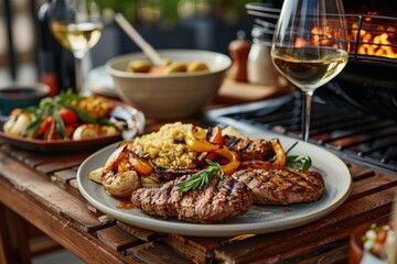 A plate with grilled steaks, seasoned vegetables, and a serving of couscous, accompanied by a glass of white wine, set on an outdoor table with a warm, inviting atmosphere.