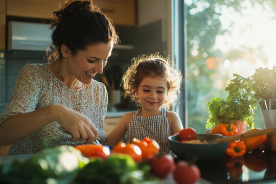 Happy mother and her daughter preparing a healthy meal together, surrounded by fresh vegetables