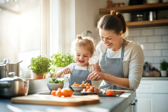 Mother and her young daughter are smiling while preparing a healthy meal together in their bright kitchen