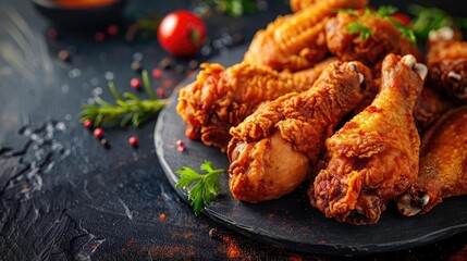 Deliciously crispy fried chicken drumsticks garnished with fresh herbs, perfect for indulgent meals and gatherings.