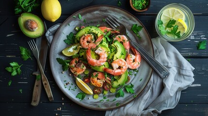 Salad with fresh avocado fruit and seafood closeup view