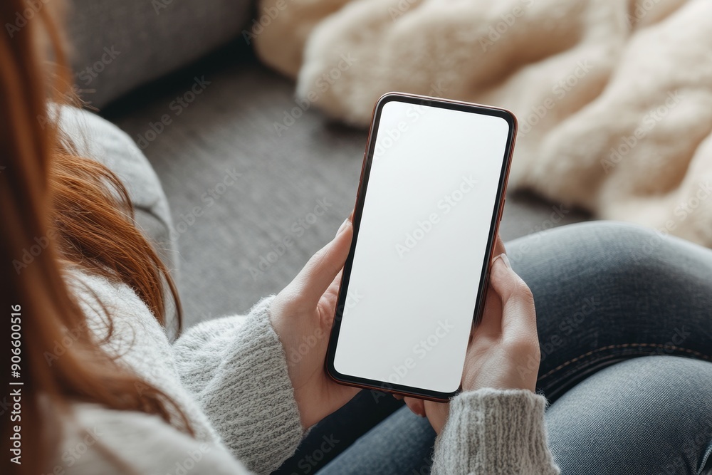 Wall mural young woman holding smart phone in hand touching thumb on white empty cellphone screen. close up sho