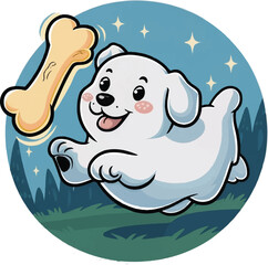 This is a clean eye-catchy illustration featuring a friendly ghost dog playfully fetching a glowing Template suitable for all businesses.