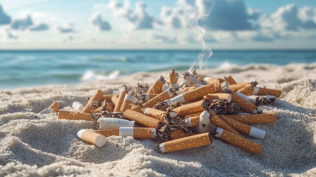 cigarette butts discarded on sandy sea beach,ecosystem habitat pollution