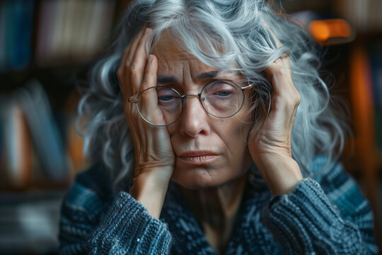 Mature woman tired and stressed with brain disease problem causing chronic headaches