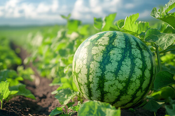 Close-Up of Fresh Watermelon Growing Among Green Leaves.