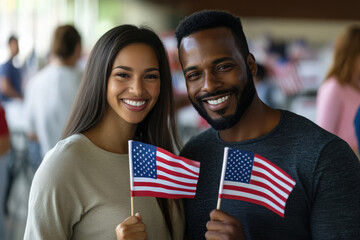 Young multiethnic couple is smiling and holding small american flags at a polling place on election day