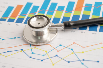 Fototapeta premium Stethoscope on spreadsheet and graph paper, Finance, Account, Statistics, Investment, Analytic research data economy and Business company concept.