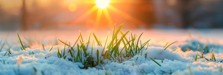Young tender shoots break through from under the snow in the rays of the rising sun. Frost resistance, sudden frost, snowfall, incredible vitality. Winter crops. Risky farming. Agricultural business. 
