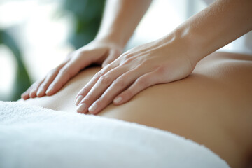 Naklejka premium Skilled masseuse gently massages a woman's back in a serene spa setting, exuding tranquility and relaxation
