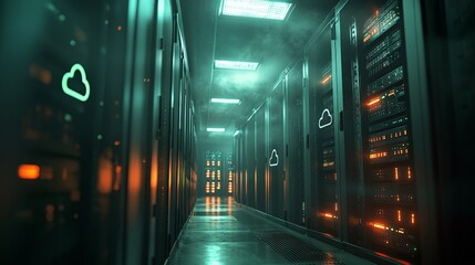Illuminated Cloud Storage Icons in Realistic Server Room Environment Photography