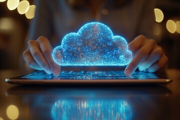 Technology Integration: Person Accessing Cloud Storage on Tablet with Digital Cloud Icon Overlay in Realistic Photography and Lighting