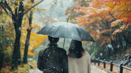 A couple is walking in the rain under an umbrella. The man is holding the umbrella over the woman's head. Scene is romantic and intimate
