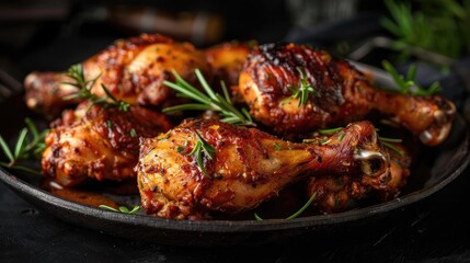 Deliciously roasted chicken drumsticks garnished with fresh rosemary, perfect for any culinary project or food-related content.
