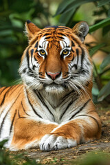 Fototapeta premium Portrait of tiger lying and resting in the jungle. Close-up