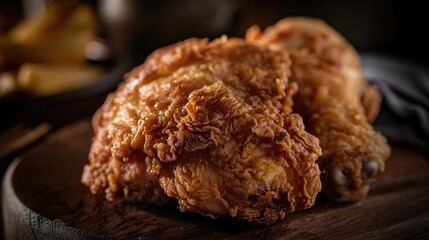 Naklejka premium Deliciously golden fried chicken pieces on a wooden platter, showcasing crispy texture and mouth-watering appeal.