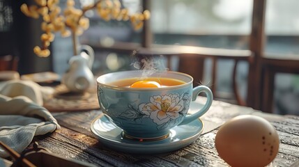 Steaming Tea Cup with Egg Yolk, Vintage Floral Design