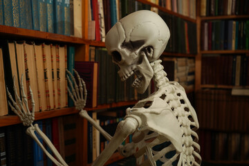 Human skeleton in the books library. © Oksava