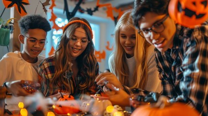 Group of Friends Celebrating Halloween with Decorations and Pumpkin Carving. Concept of Halloween Party, Friendship, Festive Activities, Autumn Celebrations