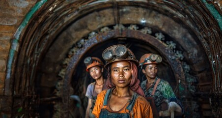 Fototapeta premium Portrait of Three Tired Female Miners Working Underground.Generated image