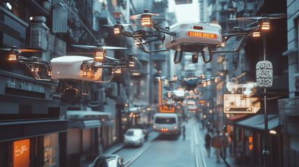 Fototapeta premium AI-Powered Drones Delivering Packages in a Bustling Urban Environment with Efficient Logistics and Real-Time Navigation