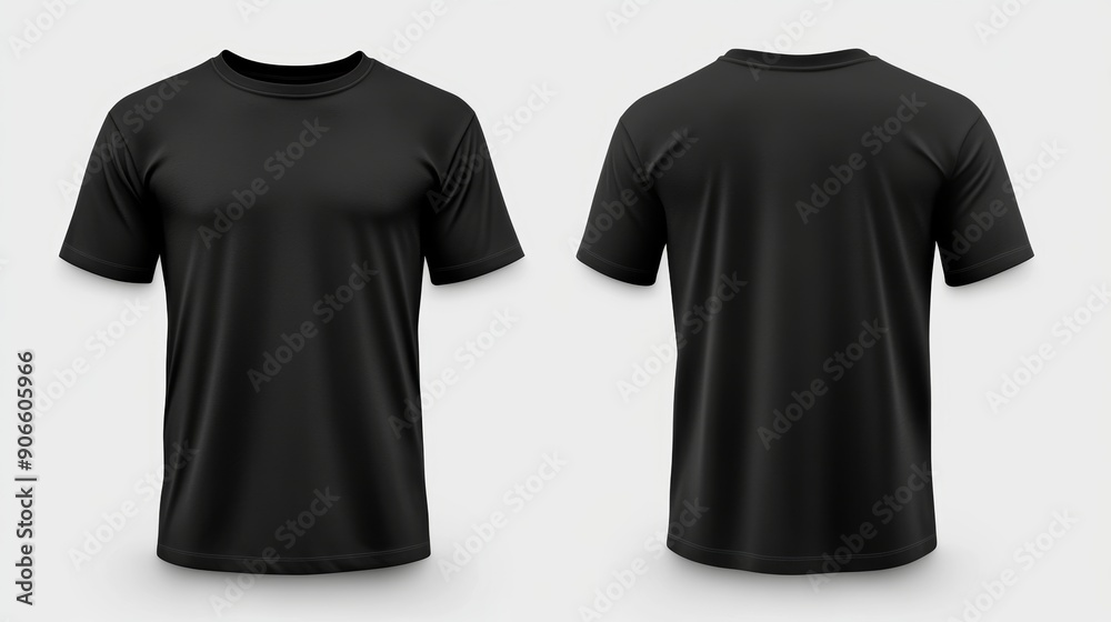 Wall mural Isolated on a black background, a mockup of a black T-shirt shows the front and back