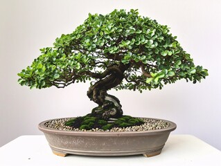 A bonsai tree in a formal broom shape, positioned centrally on a white background, highlighting its symmetrical and elegant form