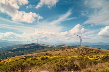 A scenic view of wind turbines on a hilly landscape under a cloudy sky.