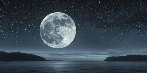 The full moon shines brightly at night, lighting up a serene landscape and creating a soft silver glow that highlights a calm scene adorned with shimmering stars above.