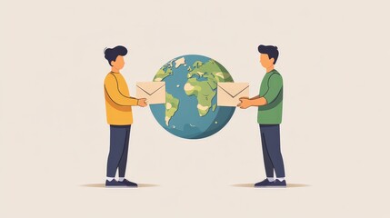Global Correspondence - Minimalist Flat Illustration of Two People Exchanging Letters Across the Globe