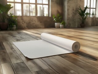 Blank white yoga mat mockup unrolled on a wooden floor in a studio