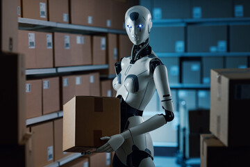 Humanoid AI robot carrying boxes in the warehouse