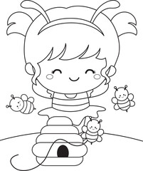 Cute Babies with Bee Costume Animal Cartoon Coloring Activity for Kids and Adult